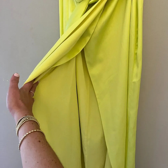 Peace and Love Womens Yellow Satin Maxi Skirt 8 Split Leg High Waist Lime Chic - Picture 4 of 15